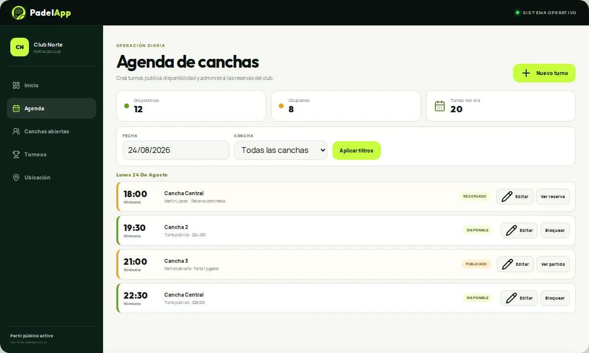 Agenda de PadelApp con turnos disponibles, reservas y partidos abiertos
