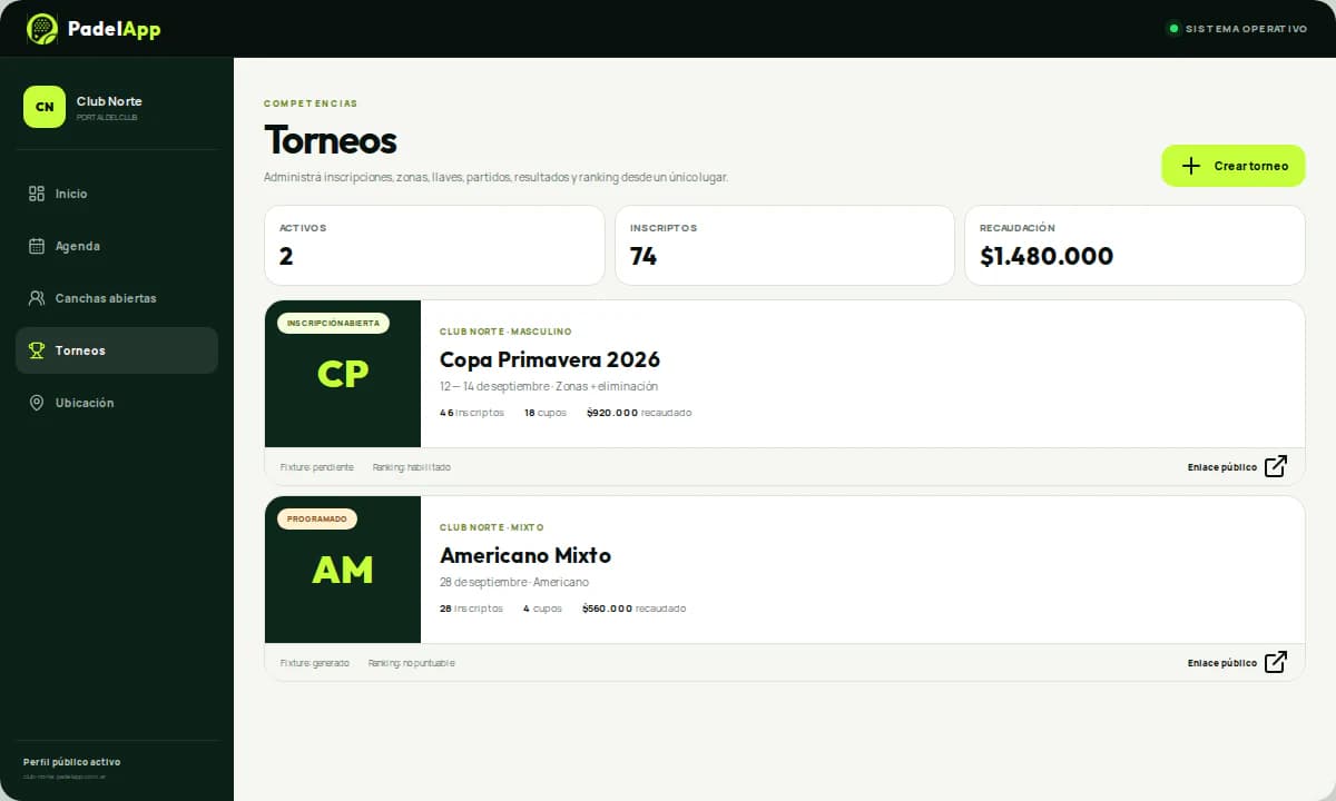 Gestión de torneos en PadelApp con inscriptos, cupos y recaudación